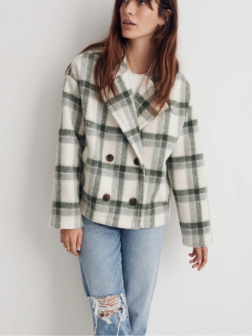 Madewell Jacquard Double-Breasted Crop Blazer in Plaid